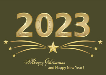 Merry Christmas and Happy New Year 2023. Holiday card with numbers 2023 on the background of gold stars and congratulations text. Vector illustration