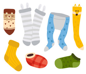 Cute vector collection of colorful winter various childish socks and tights, knee socks