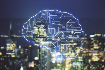 Virtual creative artificial Intelligence hologram with human brain sketch on blurry skyscrapers background. Double exposure