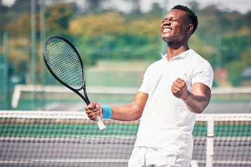 Sports man, tennis court and yes gesture for match success or competition achievement. Tennis...