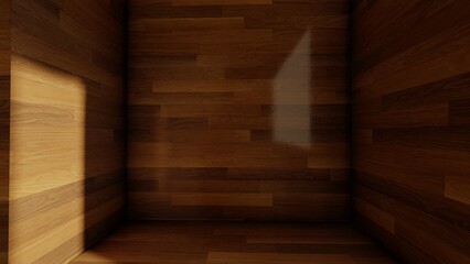 Blank wood display on wood background with minimal style and spot light. Blank stand for showing product. 3D rendering.