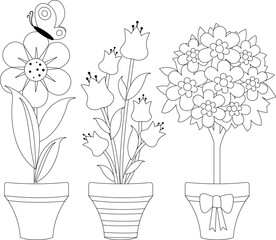 Flowers in flowerpots. Vector black and white coloring page