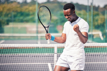 Tennis, sport and black man celebrate win, success and yes to winning game, happy athlete and...