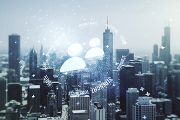 Fototapeta premium Abstract virtual people icons hologram on Chicago cityscape background, life and health insurance concept. Multi exposure