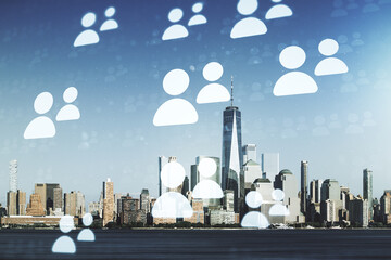 Double exposure of social network icons hologram on Manhattan office buildings background. Networking concept