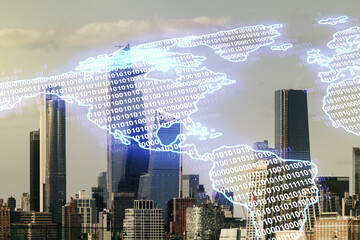 Digital map of North America hologram on New York cityscape background, global technology concept. Multiexposure