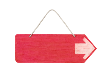 red wooden sign board with white arrow paint isolated on white background ,clipping path included use for graphic design.