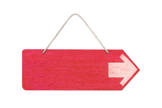 red wooden sign board with white arrow paint isolated on white background ,clipping path included use for graphic design.