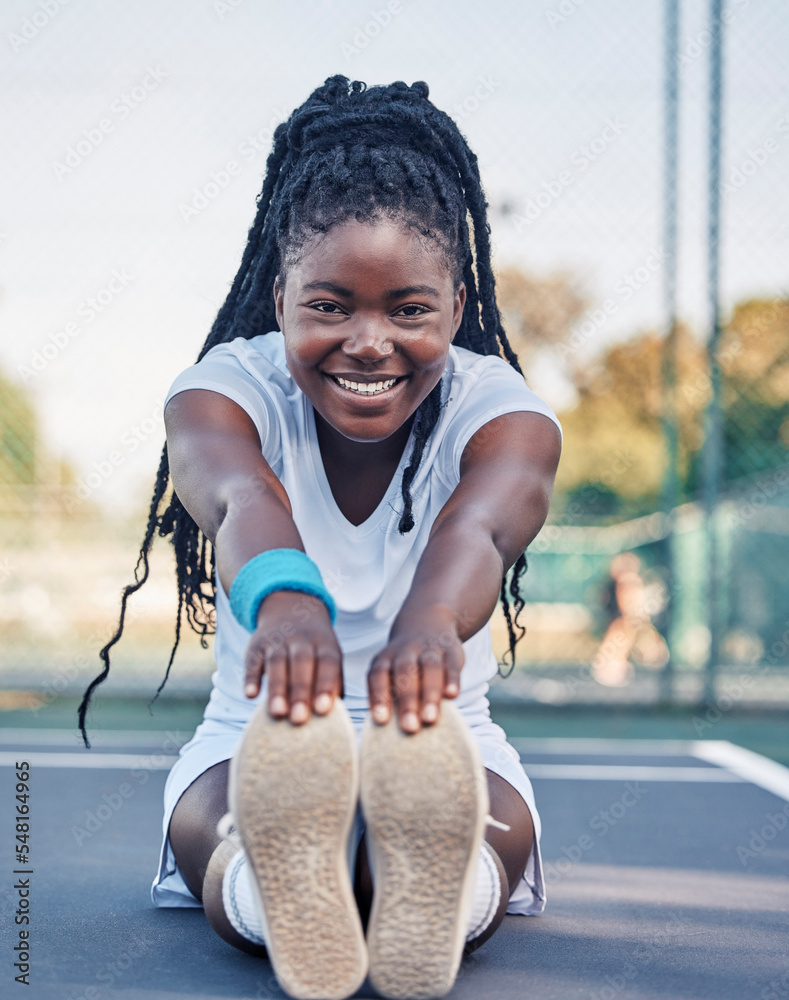 Wall mural Black woman, fitness and stretching legs for sports exercise, training or workout preparation in the outdoors. Portrait of African American female with smile for warm up leg and arm stretch on floor