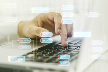 Double exposure of abstract creative programming illustration and hands typing on laptop on...