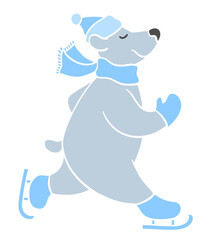 Polar bear skating in ice skates wearing a hat, scarf, and mittens