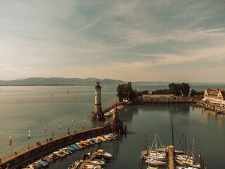 Aerial view of Lindau Lighthouse on Lake Constance