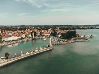 Aerial view of Lindau Lighthouse on Lake Constance