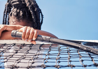 Tennis, sport fail and black woman sad after defeat at game or competition against a blue sky with...