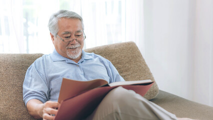 Senior Male Reading novel book , smiling feel happy on sofa at home - lifestyle senior elderly people concept