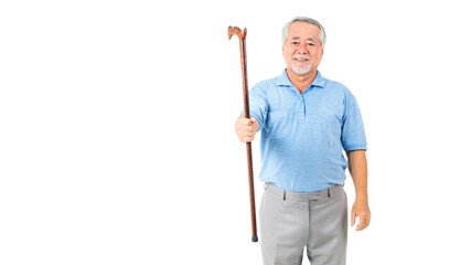 Portrait Asian senior man , old man , feel happy good health  holding a walking stick isolated on white background - lifestyle senior male concept