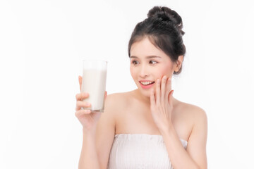 beauty woman Asian cute girl feel happy drinking milk for good health in the morning on white background - lifestyle beauty woman concept