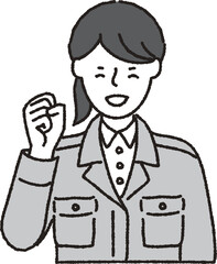 作業着姿の女性_ガッツポーズ