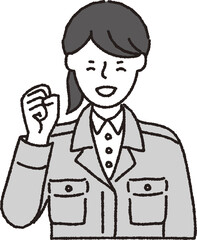 作業着姿の女性_ガッツポーズ