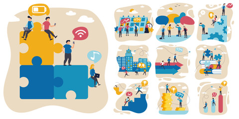 Naklejka premium Startup team. Vector illustration set. Motivated employees, youth in working process. Concept of business, career development, partnership, innovative business approach, brainstorming
