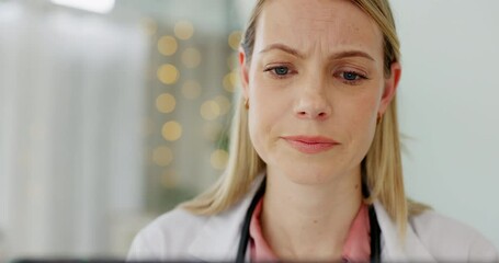 Healthcare, laptop and doctor worried about results, negative test result or rare disease diagnosis in office. Woman in medicine thinking, checking chart online and finding medical problem.