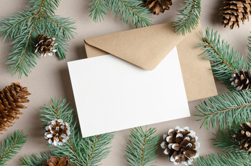 Fototapeta na wymiar Christmas greeting or invitation card mockup with envelope