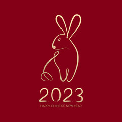 Happy Chinese New Year 2023, Year of the rabbit by brush stroke abstract paint continuous line gold gradient isolated on red background.