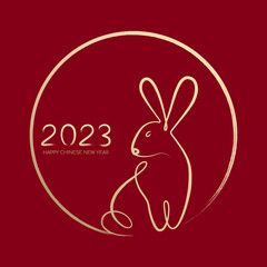 Happy Chinese New Year 2023, Year of the rabbit by brush stroke abstract paint continuous line gold gradient isolated on red background.