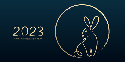 Happy Chinese New Year 2023, Year of the rabbit by brush stroke abstract paint continuous line gold gradient isolated on dark blue background.