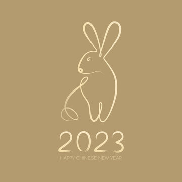 Happy Chinese New Year 2023, Year of the rabbit by brush stroke abstract paint continuous line gold gradient isolated on gold background.