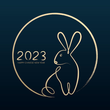 Happy Chinese New Year 2023, Year of the rabbit by brush stroke abstract paint continuous line gold gradient isolated on dark blue background.