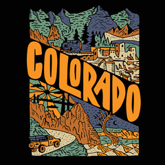 colorado Mountain illustration, outdoor adventure . Vector graphic for t shirt and other uses.