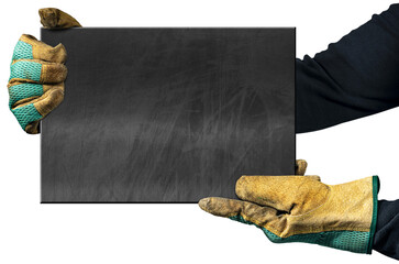 Manual worker with protective work gloves holding a blank chalkboard with copy space, isolated on white or transparent background, png.
