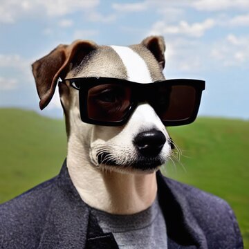 Man with dog head wearing big sunglasses & gray jacket over meadow and sky background