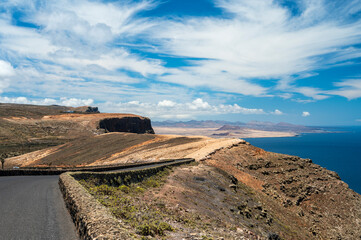 View of the coastline of island Lanzarote with the road