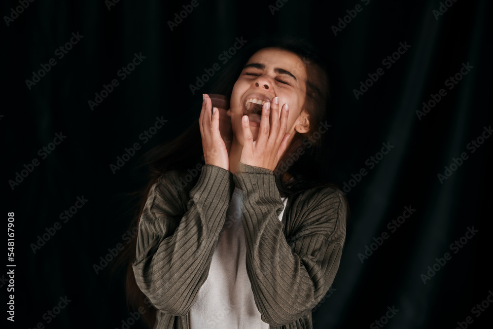 Canvas Prints Woman, stress or screaming on black background in studio in mental health, anxiety or bipolar disorder rehabilitation. Anxiety, shouting or depression for burnout person on psychology mockup backdrop