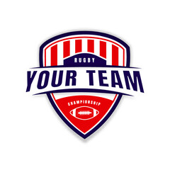 Logo emblem of rugby competition. rugby emblem on the background of shield. Sports club, team logo template. Badge, icon, ball, shield. Isolated vector illustration.