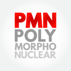 PMN PolyMorphoNuclear - having a nucleus with several lobes and a cytoplasm that contains granules, as in an eosinophil or basophil, acronym text concept background