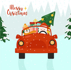 Cute and cheerful Santa Claus and a penguin in a hat drives a red car with a Christmas tree and gifts. Design for greeting card, invitation, poster, website. Vector illustration