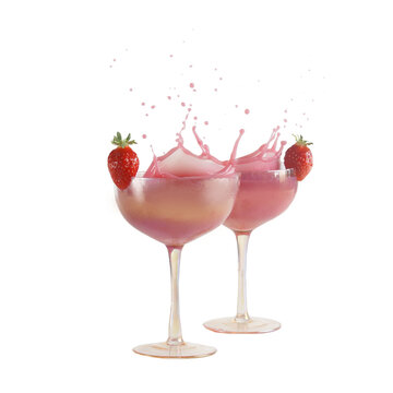 Glasses with pink cocktails with liquit  splashing and strawberries, isolated