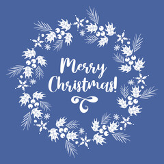 Merry Christmas. Round vintage frame made of snowflakes, holly and spruce. In blue and white colors. Retro font. For posters, postcards, banners, design elements, printing on fabric.