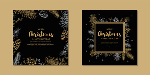 Two side Merry Christmas and Happy New Year square greeting card with hand drawn golden evergreen branches and cones on black background. Vector illustration in sketch style