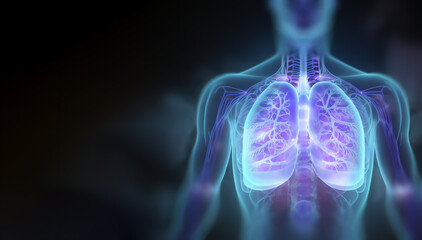 Fototapeta na wymiar Holographic concept of lung cancer display, lung disease, treatment of lung cancer, lung illness such as pneumonia, viral infections or cancer 3d rendering