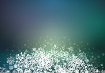 Christmas card with snowflakes falling on soft blurred background. Xmas or winter holidays greetings card with snowfall and glowing backdrop.