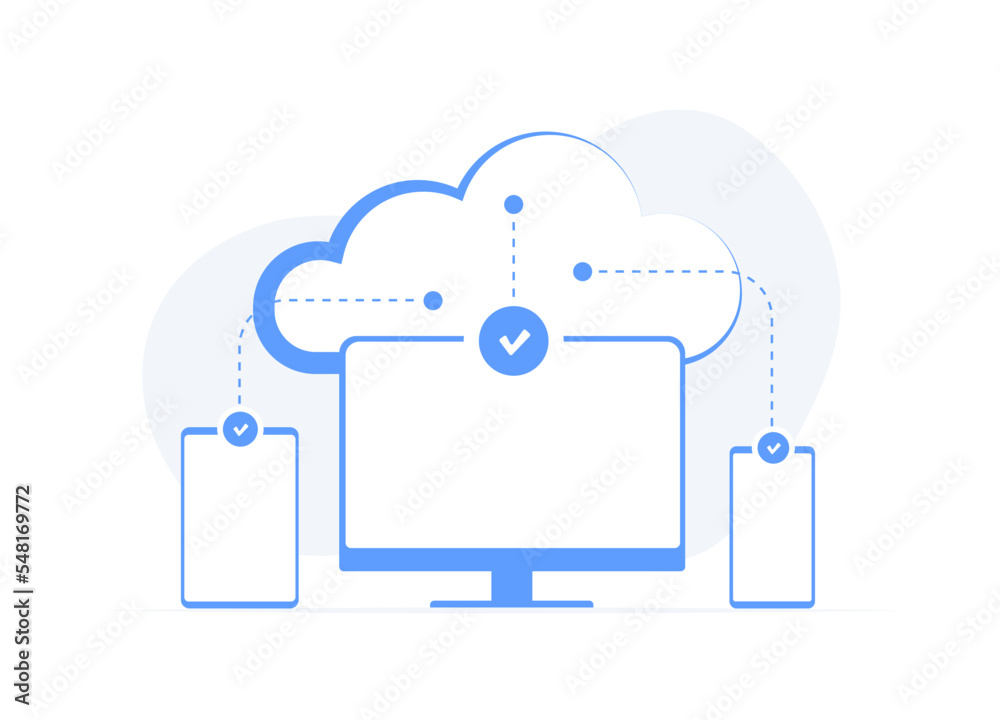 Poster cloud computing services concept. online data storage solution - cloud server connected to multiple 