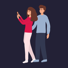 Happy couple are take selfie. Man and woman are photographed together. Vector illustration in a flat style