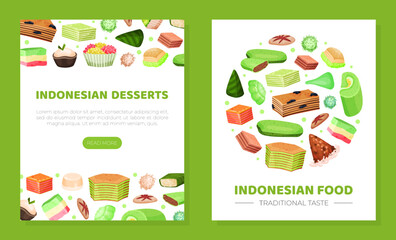 Indonesian desserts menu banner. Traditional Asian food web banner and card template set cartoon vector