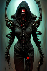 Naklejka premium cyberpunk hooded dead biomechanical demon in gasmask mastermind character, cyborg, android, robot