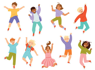 Jumping Kids Feeling Happiness and Excitement Having Fun Vector Set