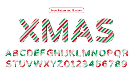 3d Christmas striped font, alphabet letters and numbers. Green, red and white colors sweet alphabet. Isolated on white.